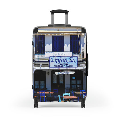 Greek Taverna Photo Suitcase | Blue Shutters Mediterranean Travel Luggage