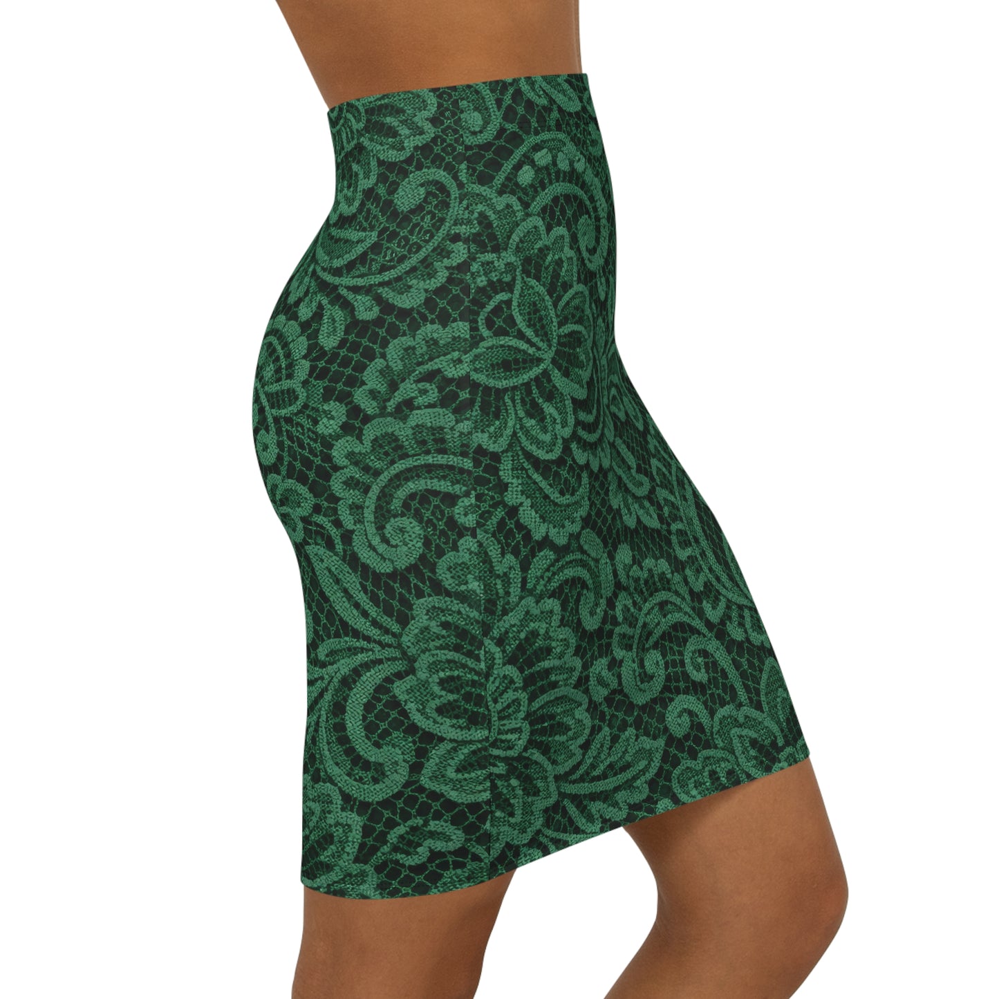 Green Lace Floral Pencil Skirt — Mid‑Waist Bodycon