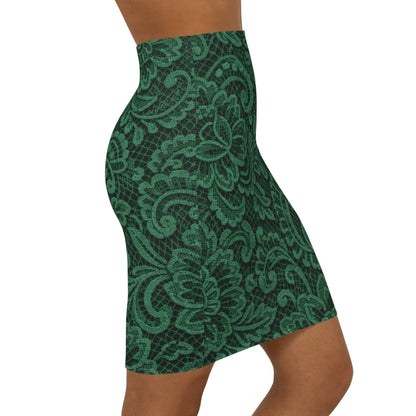 Green Lace Floral Pencil Skirt — Mid‑Waist Bodycon