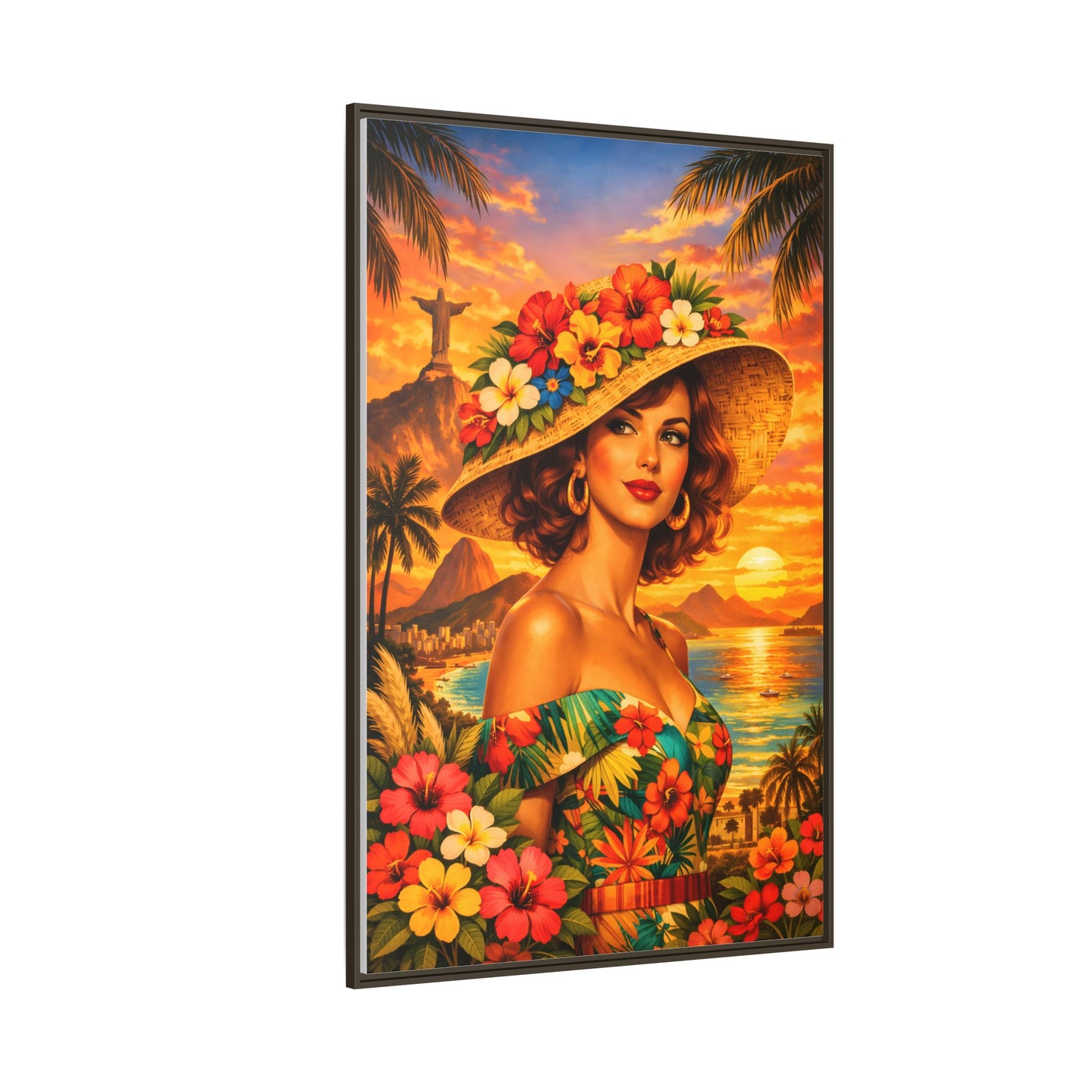 Elegant glamorous vintage woman in Rio de Janeiro front of Christ the Redeemer statue, retro Brazilian travel fashion illustration Canvas — Framed