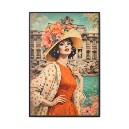 Elegant glamorous vintage woman in Rome front of Trevi Fountain, retro Italian travel fashion illustration,Framed Matte Canvas Art