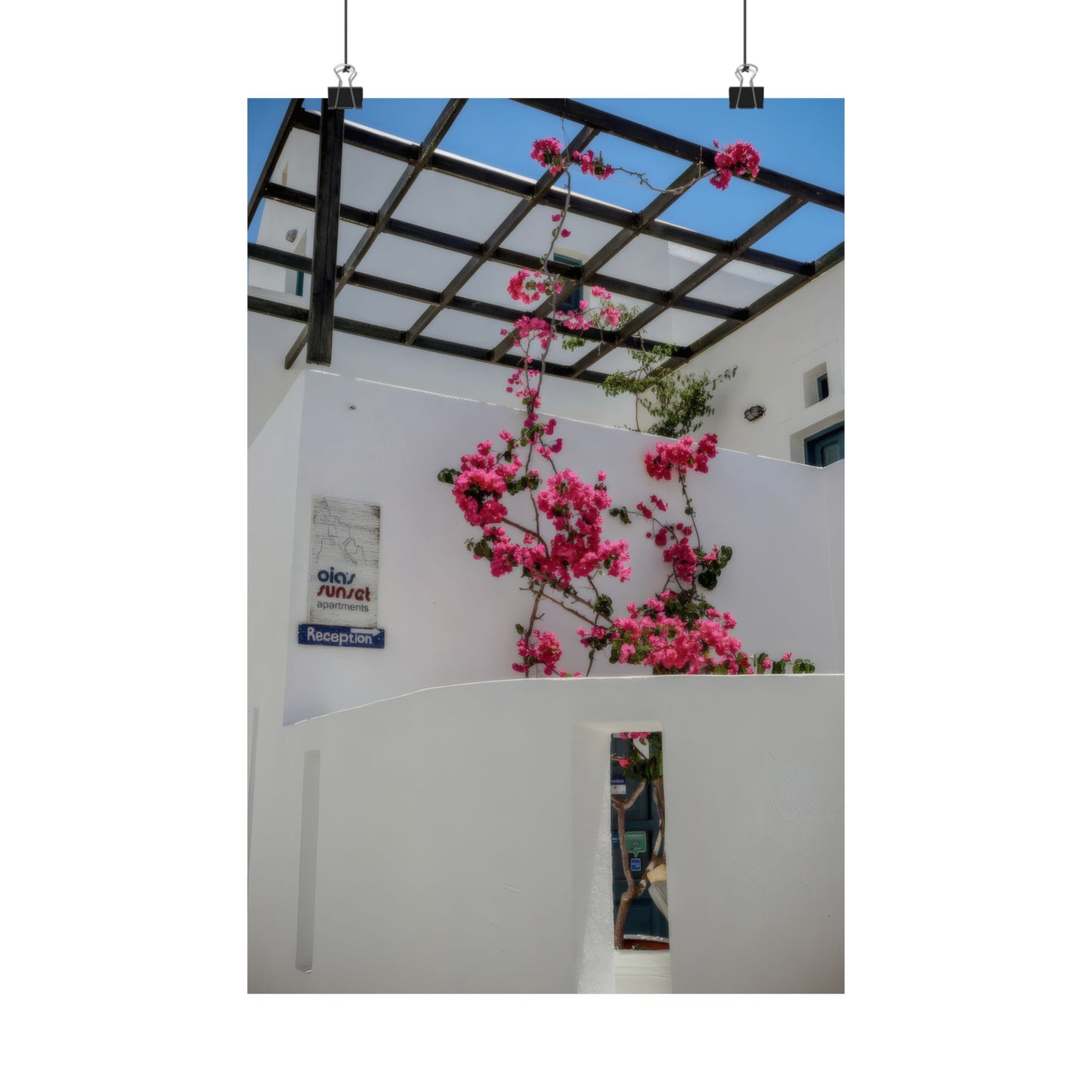 Santorini Bougainvillea Poster, Oia Greece White Architecture Art, Mediterranean Floral Wall Decor, Greek Island Photography Print Art Decor