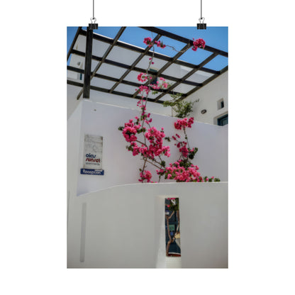 Santorini Bougainvillea Poster, Oia Greece White Architecture Art, Mediterranean Floral Wall Decor, Greek Island Photography Print Art Decor