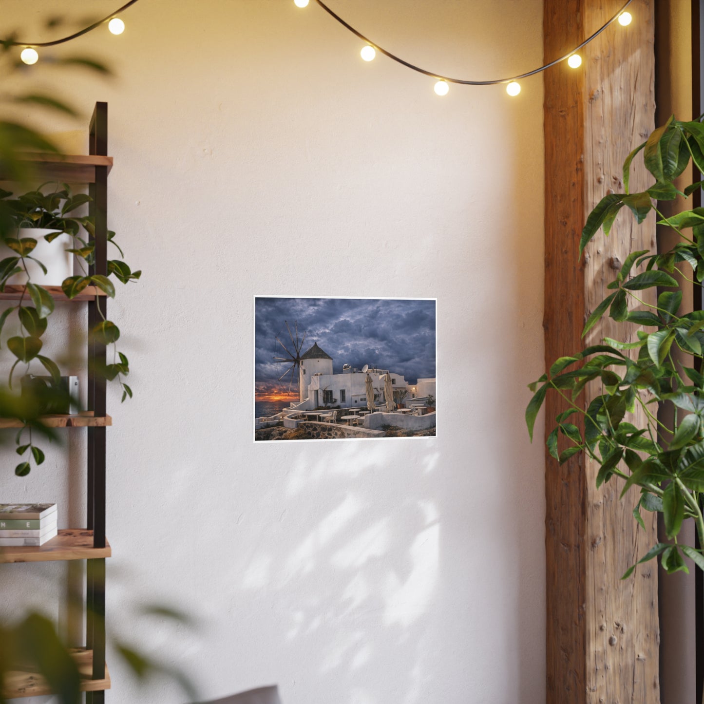 Oia Santorini Windmill Sunset Poster — Mediterranean Landscape Photo Art Print