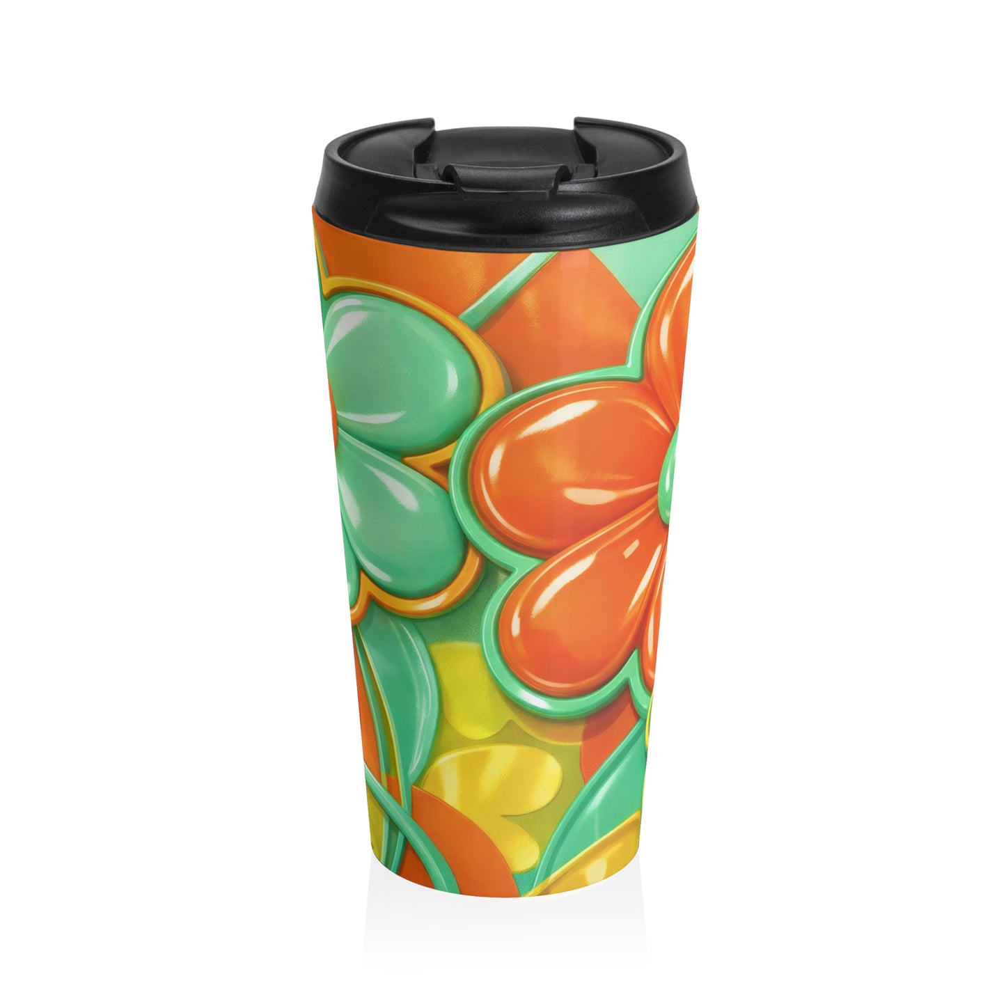 Retro Orange Green Floral Stainless Steel Mug | Travel Tumbler, 60s Flower Pattern