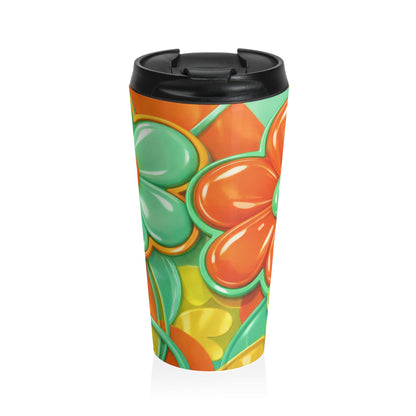 Retro Orange Green Floral Stainless Steel Mug | Travel Tumbler, 60s Flower Pattern