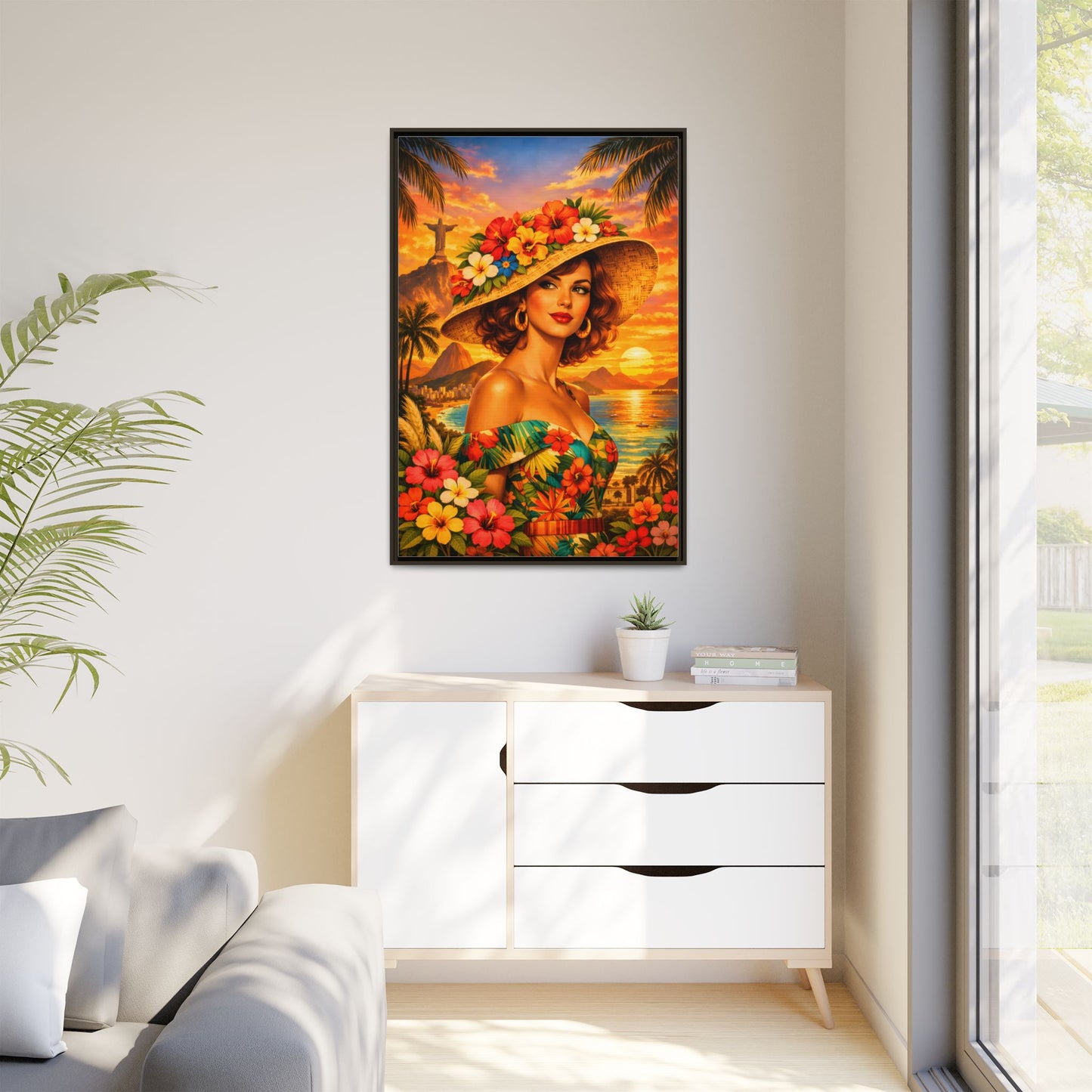 Elegant glamorous vintage woman in Rio de Janeiro front of Christ the Redeemer statue, retro Brazilian travel fashion illustration Canvas — Framed