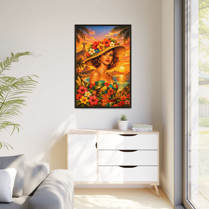 Elegant glamorous vintage woman in Rio de Janeiro front of Christ the Redeemer statue, retro Brazilian travel fashion illustration Canvas — Framed