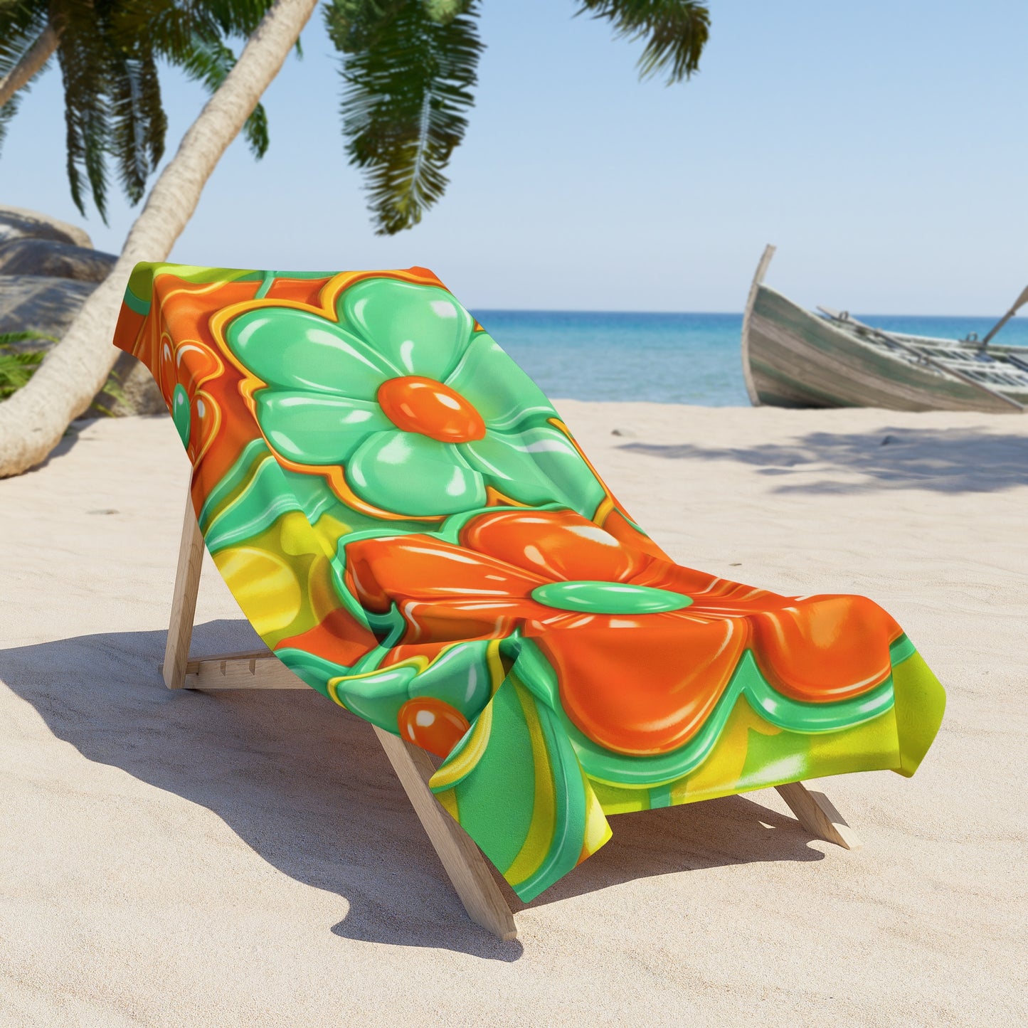 Retro Floral Pattern Beach Towel | Orange Teal Flower Design
