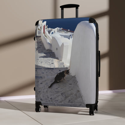 Luxury Santorini Oia Suitcase — Ghost City Edition — Lone Cat on Empty Streets Photography