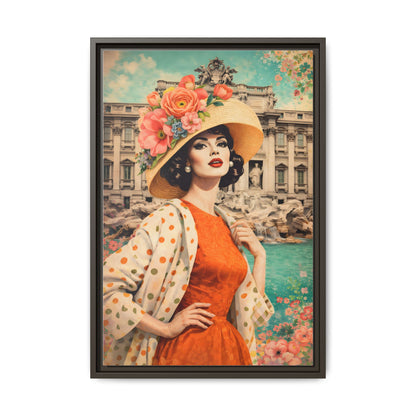 Elegant glamorous vintage woman in Rome front of Trevi Fountain, retro Italian travel fashion illustration,Framed Matte Canvas Art
