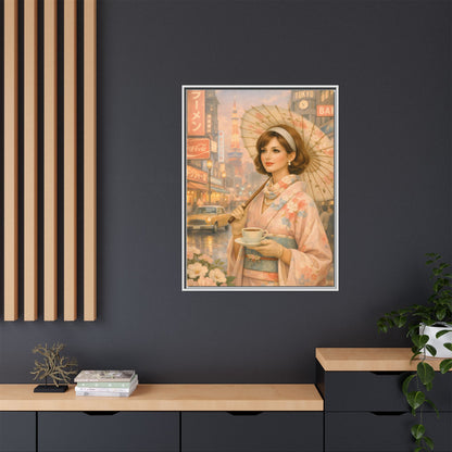 Elegant vintage woman in kimono holding parasol in Tokyo — Framed Matte Canvas Wall Art