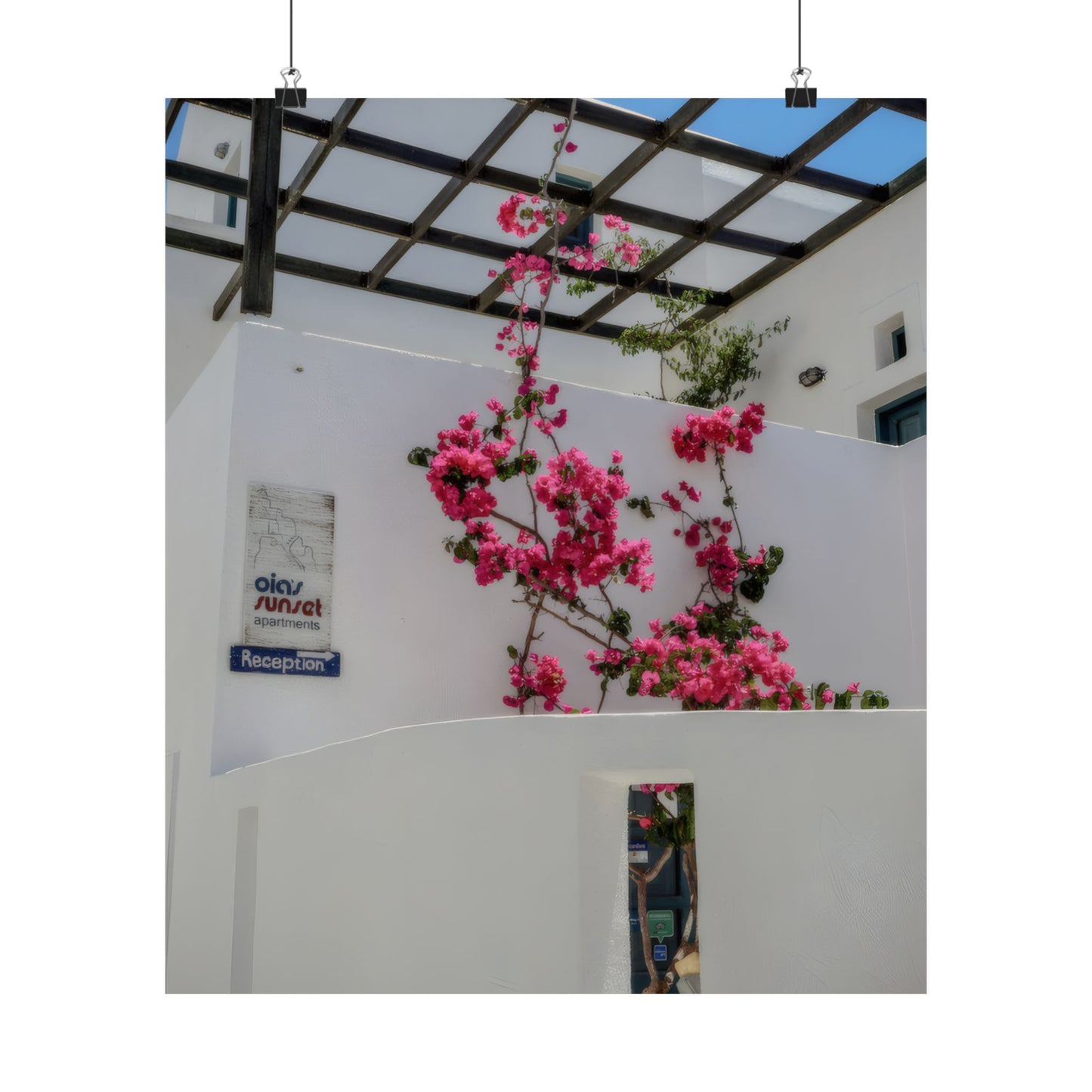 Santorini Bougainvillea Poster, Oia Greece White Architecture Art, Mediterranean Floral Wall Decor, Greek Island Photography Print Art Decor