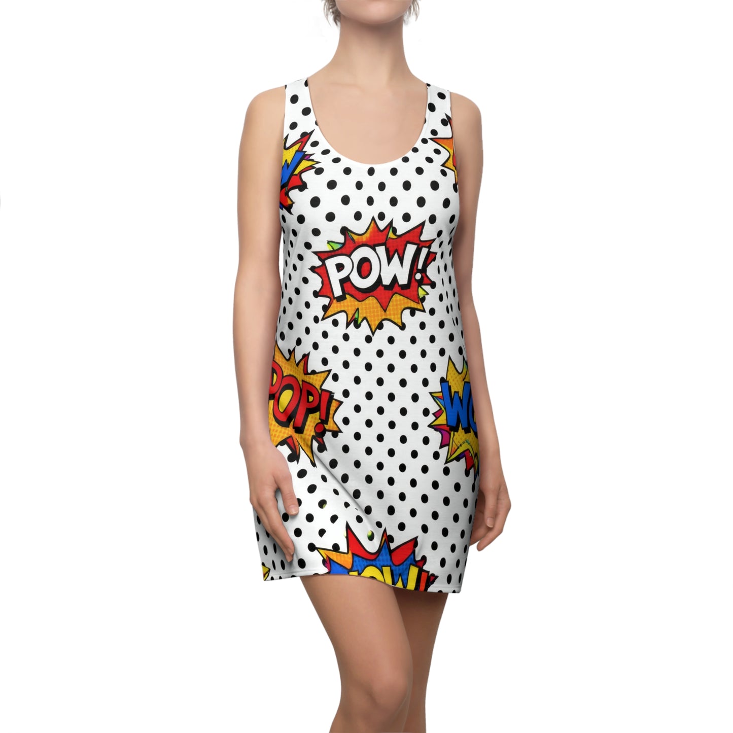Comic Pop Art Racerback Dress – "WOW!" & "POW!" Polka Dot Print