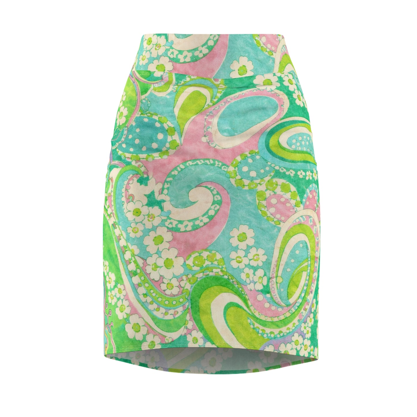 Floral Paisley Pencil Skirt — Pastel Green Retro Print