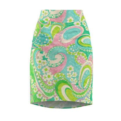 Floral Paisley Pencil Skirt — Pastel Green Retro Print