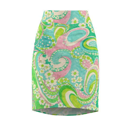 Floral Paisley Pencil Skirt — Pastel Green Retro Print