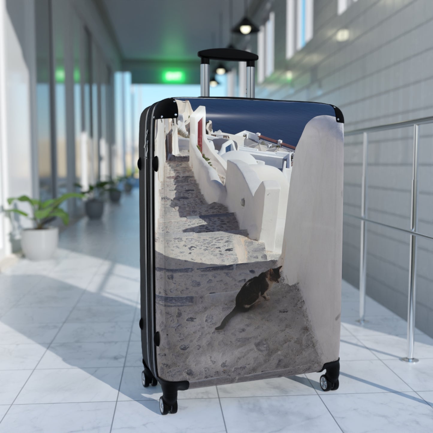 Luxury Santorini Oia Suitcase — Ghost City Edition — Lone Cat on Empty Streets Photography