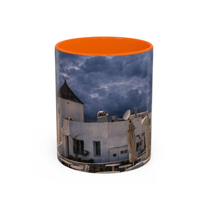 Santorini Windmill Storm Coffee Mug | Dramatic Sky Greek Travel Gift
