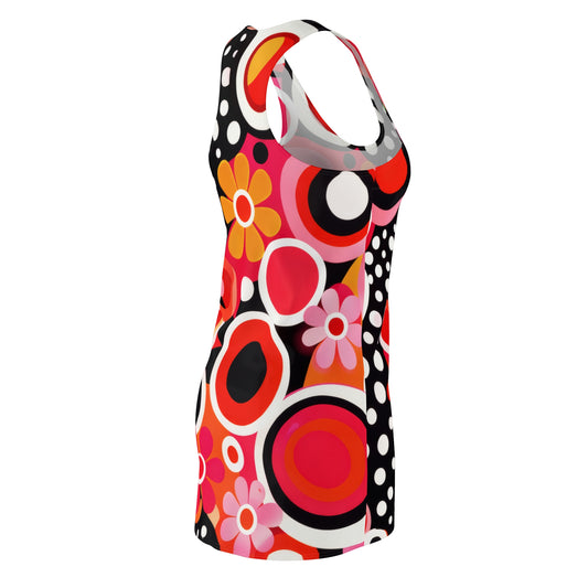 Retro Floral Racerback Dress — Pink & Red Mod Circles Print
