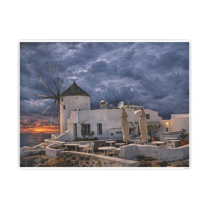 Oia Santorini Windmill Sunset Poster — Mediterranean Landscape Photo Art Print