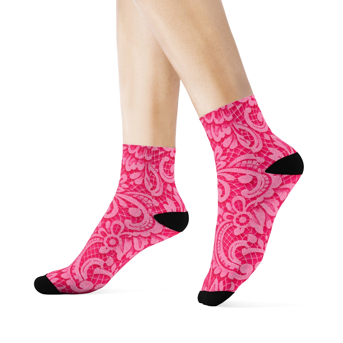 Pink Paisley Crew Socks — Floral Patterned Casual Socks for Women