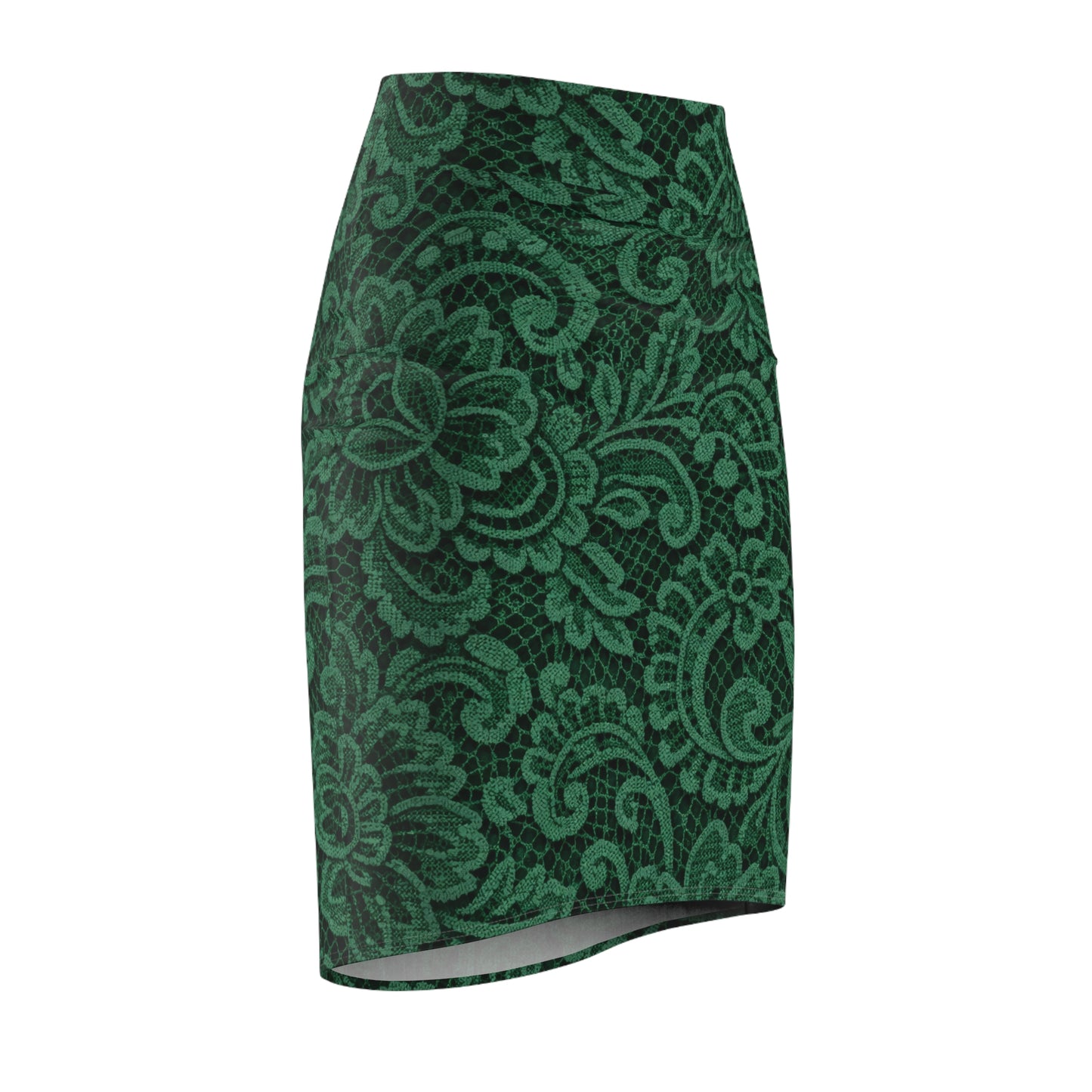 Emerald Lace Pencil Skirt — Elegant Floral Print AOP
