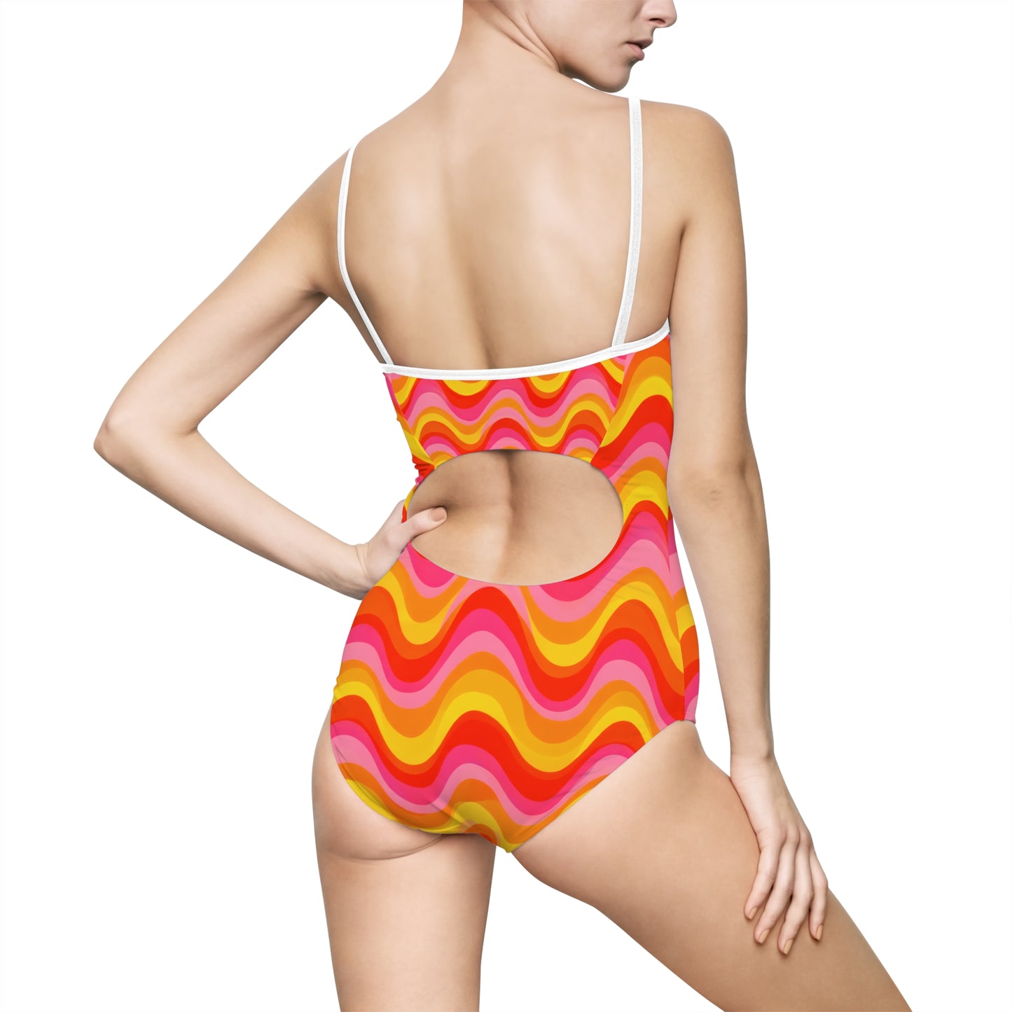 Retro Wavy Stripe One-Piece Swimsuit — 70s Inspired Bright Pink & Orange