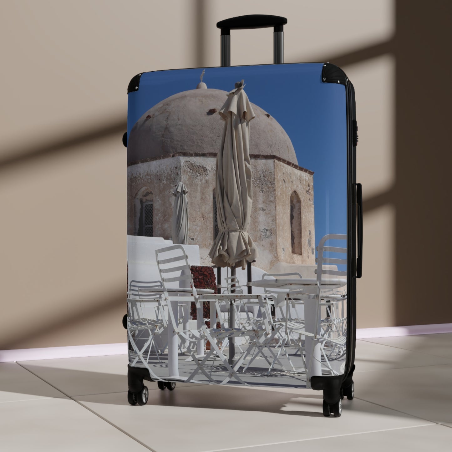 Luxury Santorini Oia Suitcase — Ghost City Edition — Empty Cafe & Ancient Dome Photography