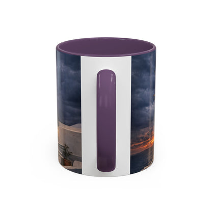 Santorini Windmill Sunset Accent Coffee Mug | Island Nightscape Greek Travel Gift | Unique Ceramic Mug