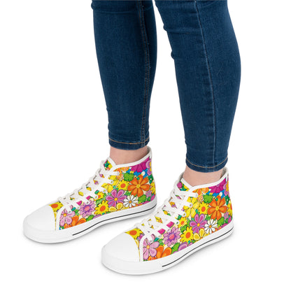 Women's Floral High-Top Sneakers — Retro 60s Daisy Print