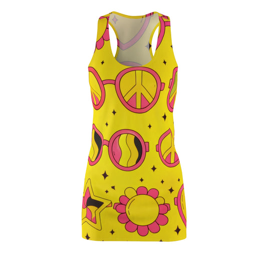 Yellow Retro Peace & Heart Racerback Dress - 70s Flower Power Print