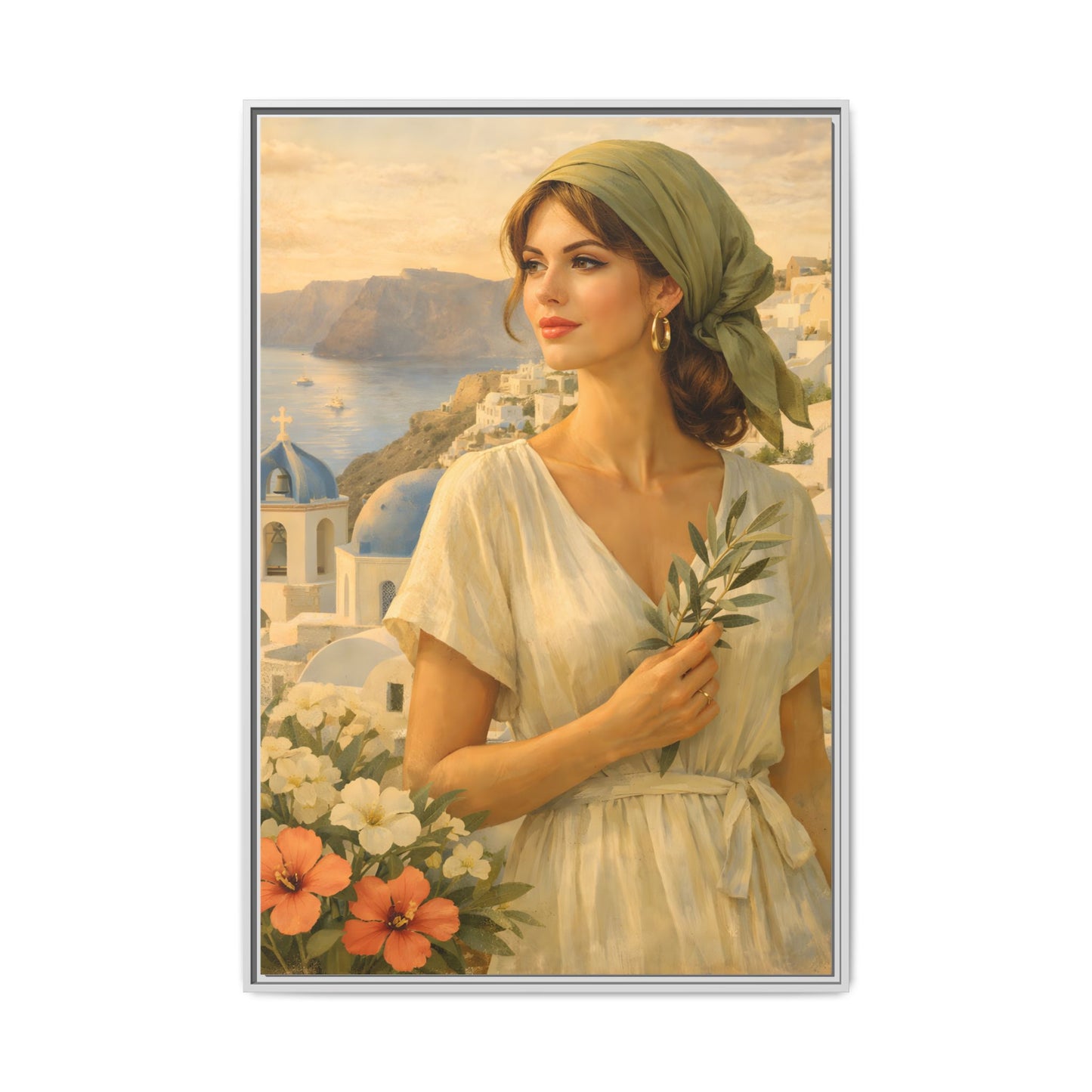 Oia Santorini Greek Woman Portrait — Romantic Vintage Framed Matte Canvas Art