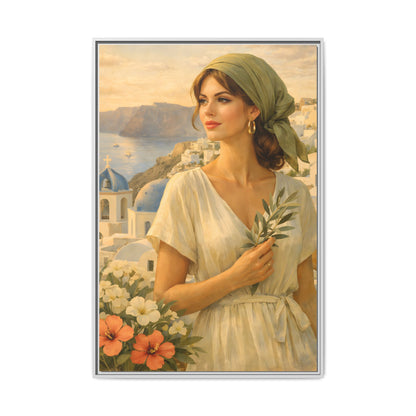 Oia Santorini Greek Woman Portrait — Romantic Vintage Framed Matte Canvas Art