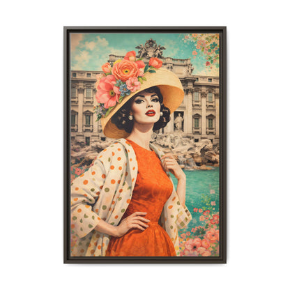 Elegant glamorous vintage woman in Rome front of Trevi Fountain, retro Italian travel fashion illustration,Framed Matte Canvas Art