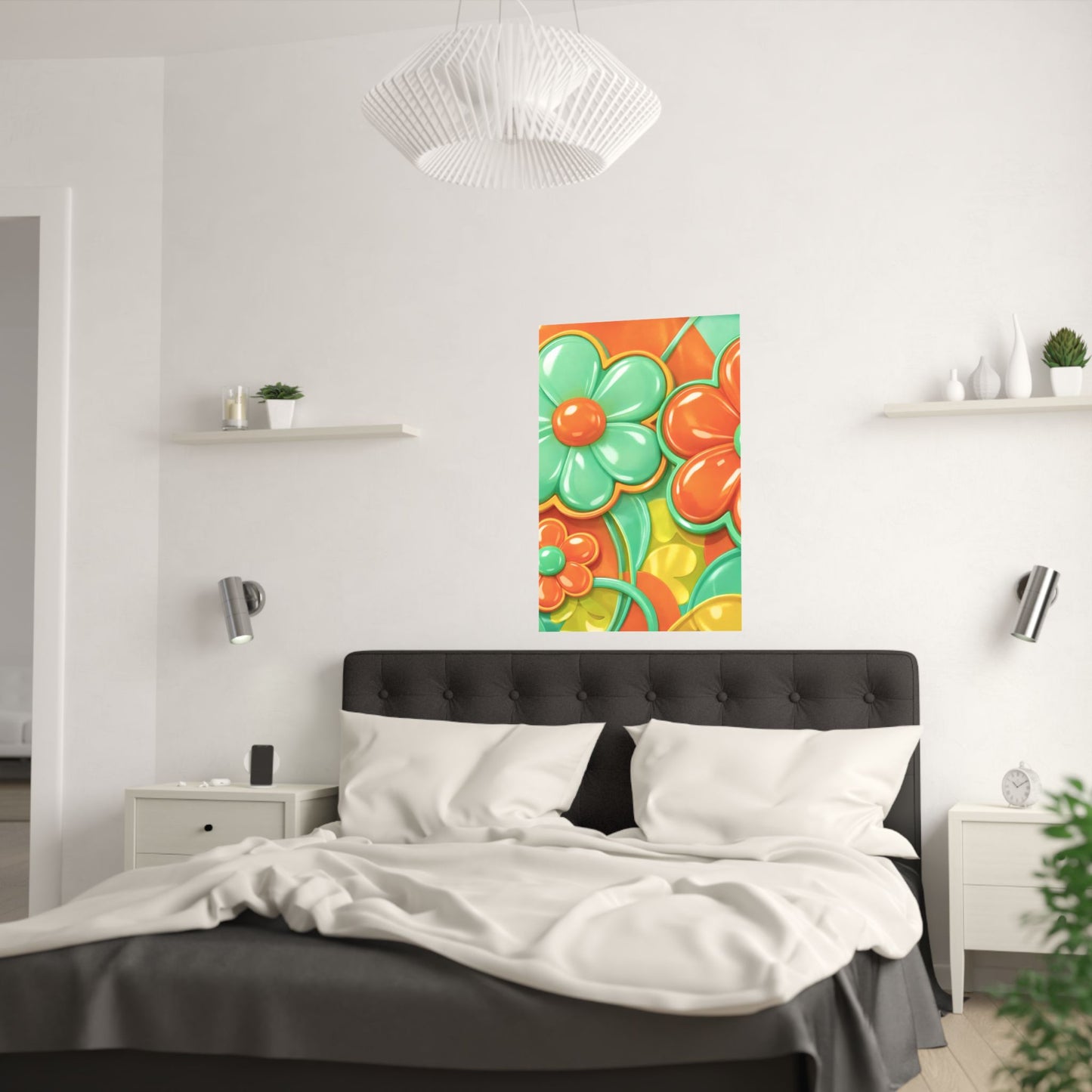 Retro Orange Teal Flower Pattern Poster | Satin Poster