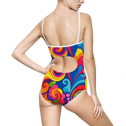 Women's Psychedelic Floral One-Piece Swimsuit - Bright Retro Swimwear