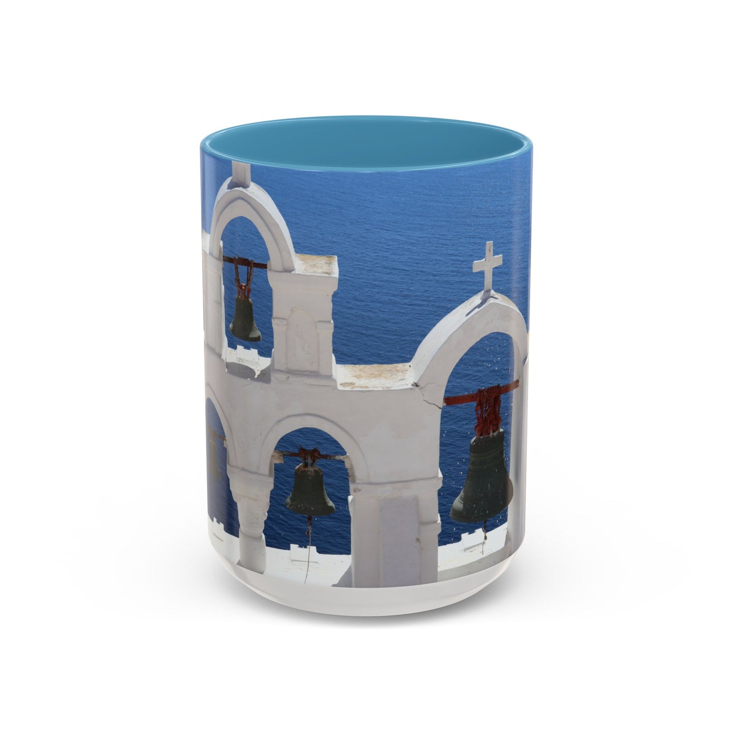 Santorini Bell Towers coffee mug | Greek island scene, blue sea accent mug