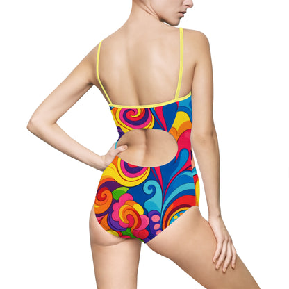 Women's Psychedelic Floral One-Piece Swimsuit - Bright Retro Swimwear