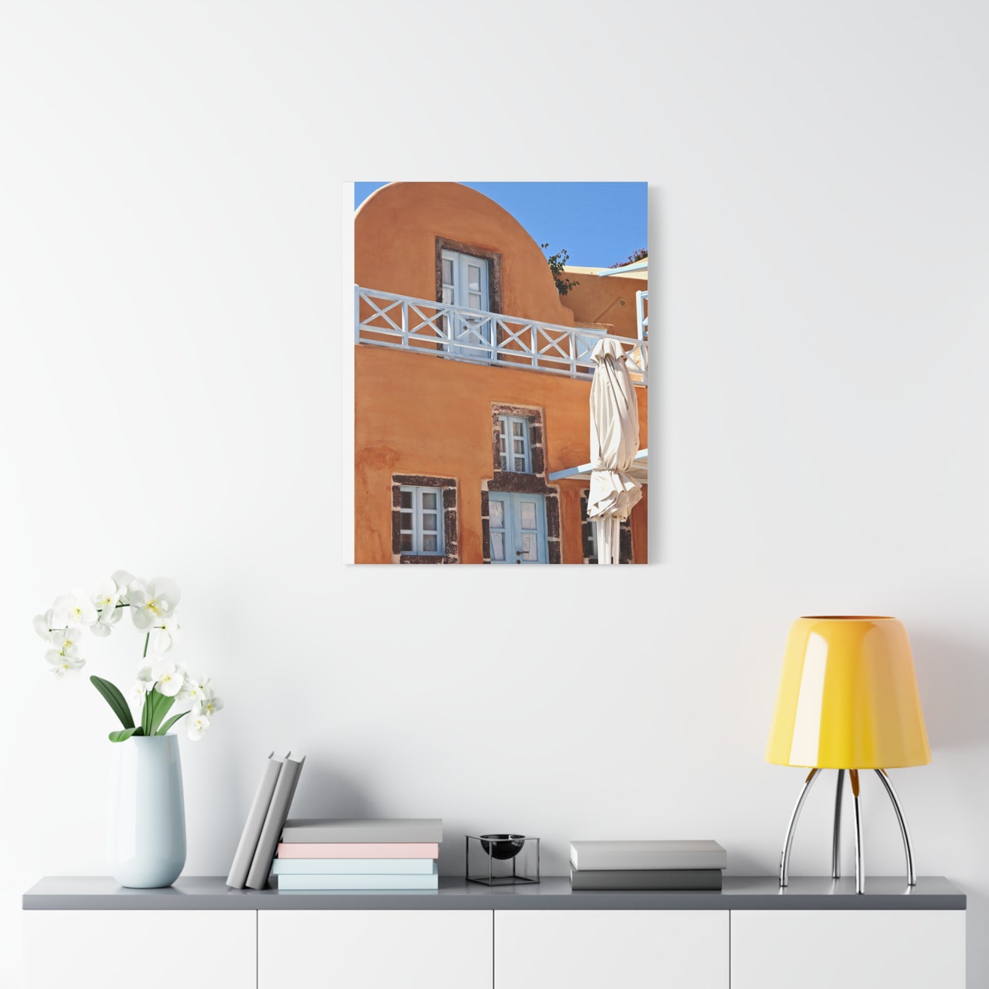 Oia Santorini Orange Facade Canvas — Mediterranean Terracotta Matte Wall Art