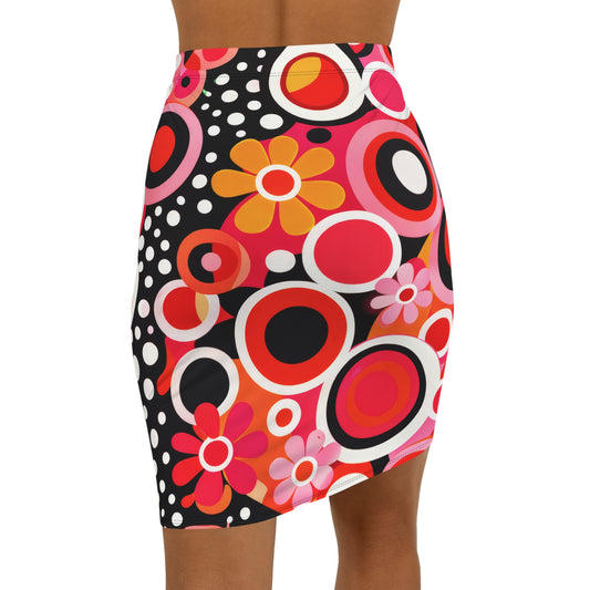 Retro Floral Circle Pencil Skirt — Vibrant 60s-Inspired Mid-Waist Skirt