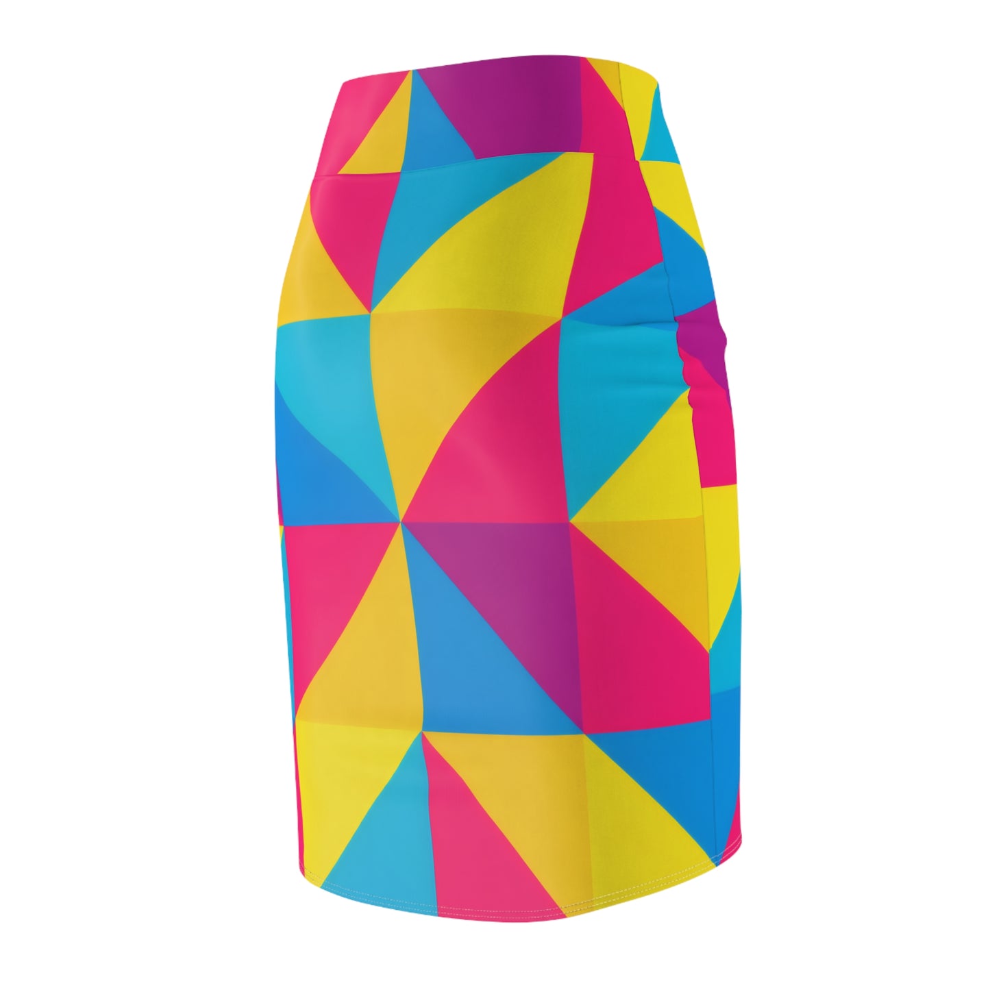 Geometric Colorblock Pencil Skirt — Neon Pink, Yellow & Cyan AOP
