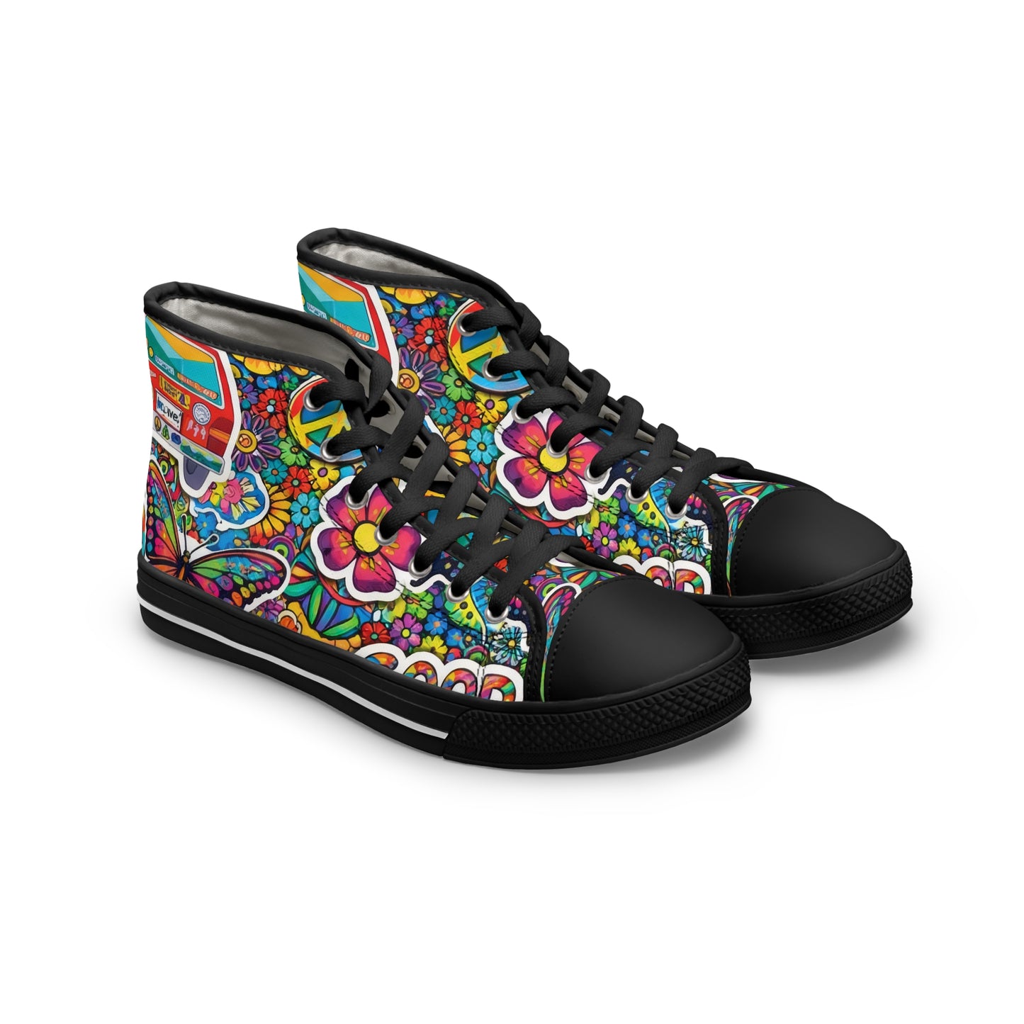 Women’s High Top Sneakers — Colorful 60s Hippie Peace Floral Print ("Peace" & "Good Vibes")