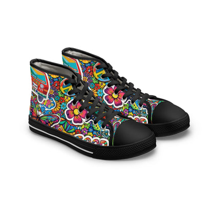 Women’s High Top Sneakers — Colorful 60s Hippie Peace Floral Print ("Peace" & "Good Vibes")