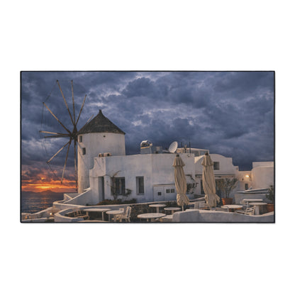 Oia Santorini Windmill Floor Mat — Mediterranean Coastal Sunset Home Decor