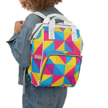Geometric Colorblock Diaper Backpack – Multifunctional Baby Bag with Bright Tri-Block Pattern