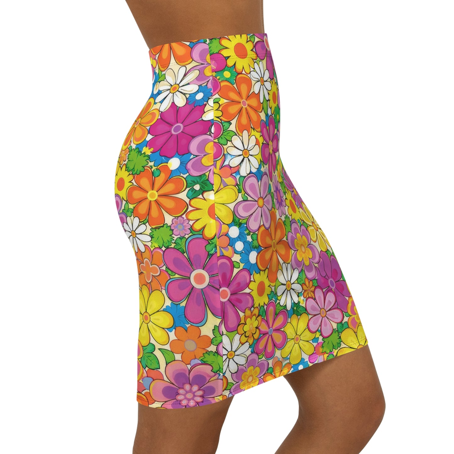 Retro Floral Pencil Skirt — Colorful 60s-Inspired Flower Print