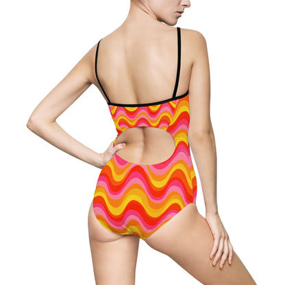 Retro Wavy Stripe One-Piece Swimsuit — 70s Inspired Bright Pink & Orange