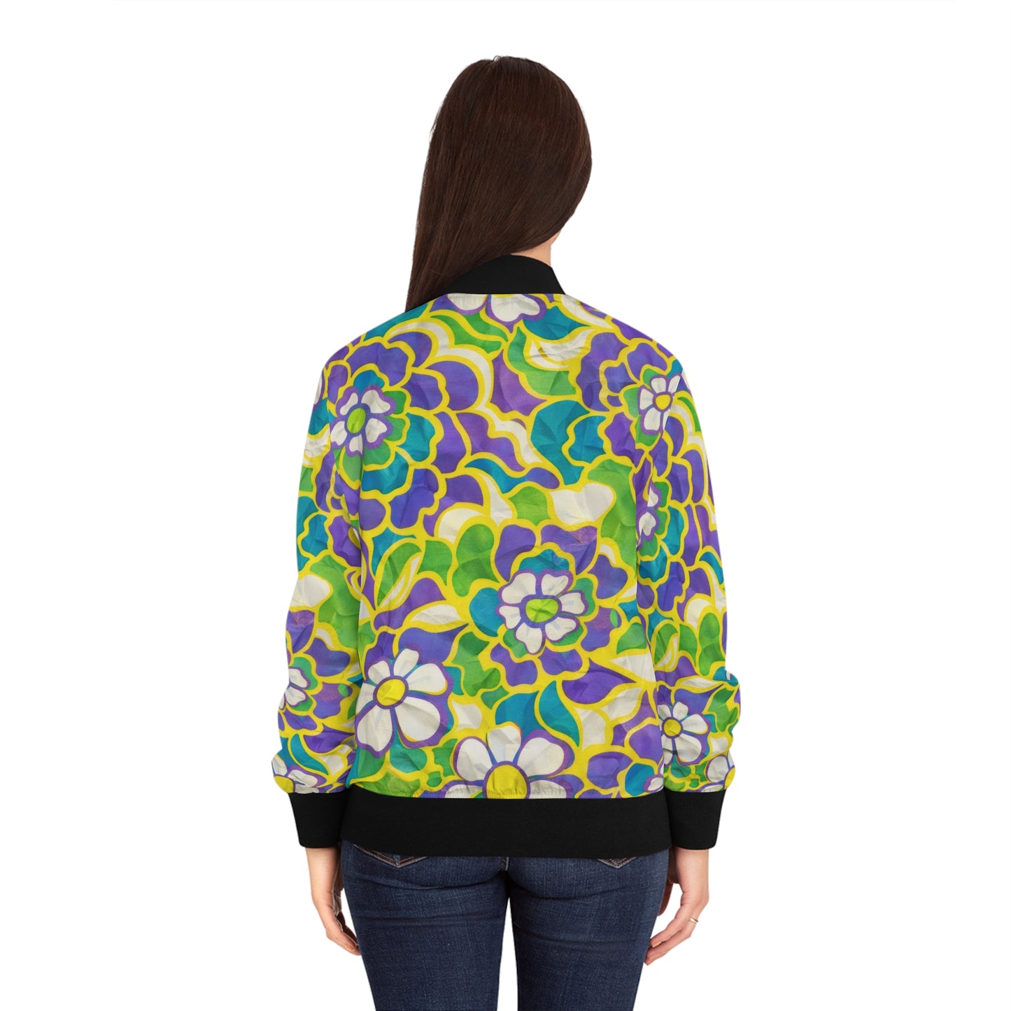 Floral Retro Bomber Jacket — Vibrant Green & Purple All-Over Print