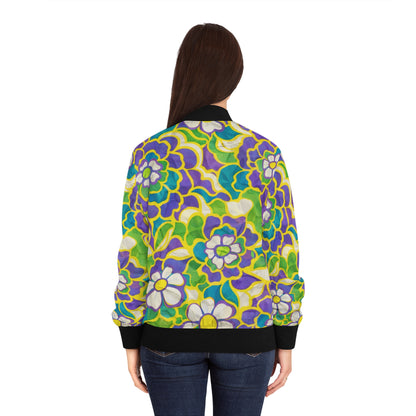 Floral Retro Bomber Jacket — Vibrant Green & Purple All-Over Print